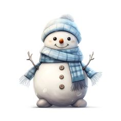 a snowman wearing a blue hat and scarf