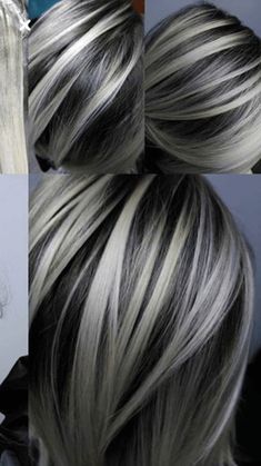 Gray Hair With Black Underneath, Black Hair With Platinum Highlights Short Hair, Black Hair With Platinum Highlights, Black Lowlights, Pixie Highlights, Hair Lights, Chic Hairstyle, Hair Highlights And Lowlights