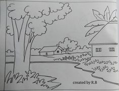 a coloring book page with a drawing of a house and trees in the background, along with text that reads created by r b