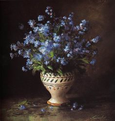 a painting of blue flowers in a white vase on a brown tablecloth with dark background