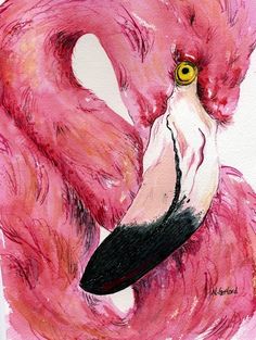 a watercolor painting of a pink flamingo with yellow eyes and long beaks