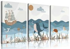 three canvases with an ocean scene and animals on them, one in the foreground