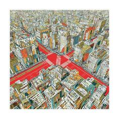 an aerial view of a city with lots of tall buildings and red lines on the ground