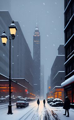 two people walking down a snowy street in front of tall buildings with lights on them