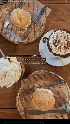 three plates with desserts on them sitting on top of a wooden table next to each other