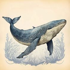 a drawing of a humpback whale swimming in the ocean with corals around it