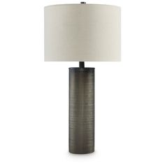 a table lamp with a white shade on top and a black base, sitting on a white background