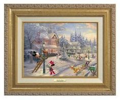 a painting of mickey mouse and friends playing in the snow