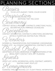 the wedding planning checklist is shown in black and white