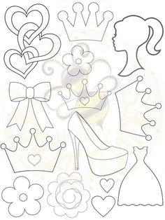 a princess with her dress and tiara in front of hearts, flowers and other decorations