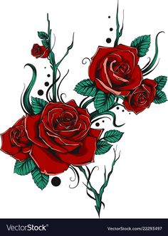 red roses with green leaves and swirls on white background - flowers & plants nature