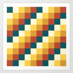 an art print with squares in yellow and green colors on white paper, framed or unframeed