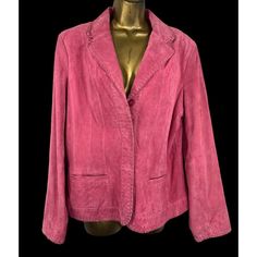 Y2K Pink Suede Stitched Leather Jacket by Coldwater Creek Size L Stitched accents throughout Big snap hidden buttons Real POCKETS Lightweight suede Very good vintage condition. No rips, tears, stains or snags. 100% leather shell 100% polyester lining Bust when closed: 42" Waist at narrowest point when closed: 38" Armholes: 20" around Shoulder to shoulder: 18" Shoulder to hem: 25" Casual Pink Blazer With Pockets, Pink Single Button Blazer For Fall, Pink Fall Blazer With Pockets, Pink Blazer With Pockets For Fall, Casual Pink Blazer With Buttons, Pink Button-up Outerwear With Single Button, Y2k Western, Western Jacket, Y2k Pink