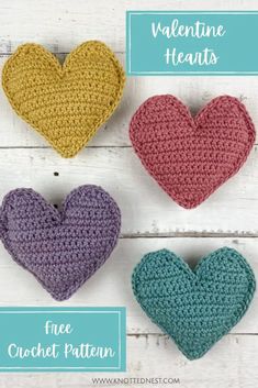 three crocheted hearts with the words valentine hearts written in different colors and sizes