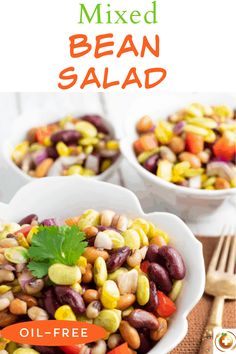 three white bowls filled with beans and vegetables