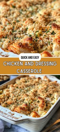 chicken and dressing casserole is shown in two different images, one with the title