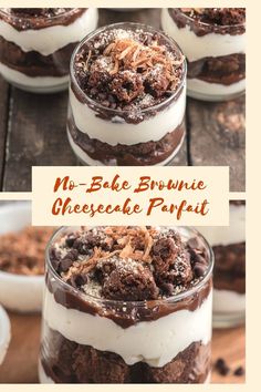 no - bake brownie cheesecake parfait in glass jars with text overlay