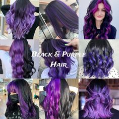 Pink And Purple Highlights On Black Hair, Multi Colored Purple Hair, Purple Pieces In Hair, Black Purple Pink Ombre Hair, Multi Shade Purple Hair, Oc Things, Highlight Hair, Skunk Hair, Light Pink Hair