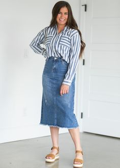 Everly Midi Denim Skirt Skirts Apostolic Outfits, Cute Church Outfits, Tan Wedge Sandals, Midi Denim Skirt, Elegant Wear, Pentecostal Fashion, Denim Skirt Outfits, Midi Denim, Elevated Style