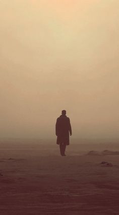 a man walking across a sandy beach in the foggy day with a kite flying overhead