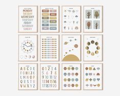 a set of nine posters with different numbers and shapes