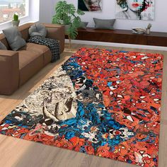 a living room with two couches and a spiderman rug on the floor in front of a window