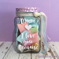 a mason jar filled with lots of candy