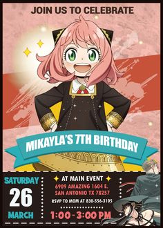 an anime birthday party poster with the name mikiya's 7th birthday