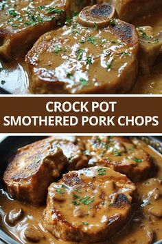 two pictures of pork chops with gravy in a skillet