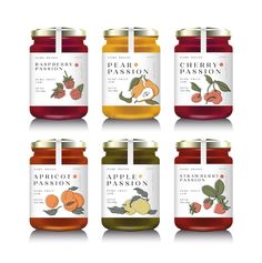 six jars of preserves with different flavors