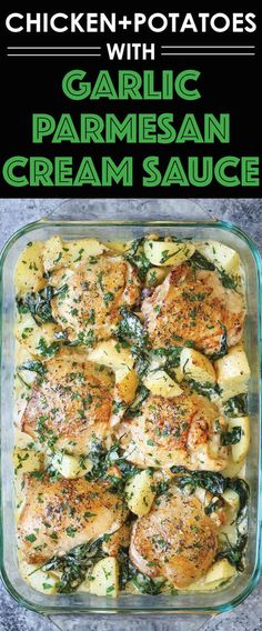 chicken and spinach casserole in a glass dish on a gray table top