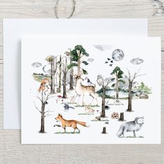 a greeting card with an illustration of animals in the woods