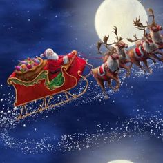 santa's sleigh flying through the sky with his reindeers and moon in the background