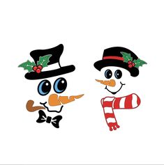 two snowmen with hats and candy canes