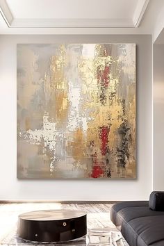 Original handmade abstract painting with gold, red, and grey tones, featuring textured palette knife technique on canvas Knife Techniques, Gold Wall Art, Red Abstract, Gold And Red, Palette Knife, Minimalist Decor, Abstract Wall, Unique Artwork, Art Original