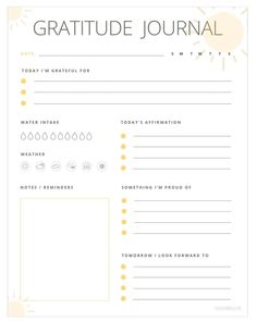 a yellow and white printable page with the words,'gratitude journal'on it