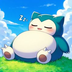 a cartoon character laying on top of a lush green field next to a cloud filled sky