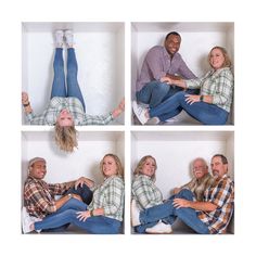 four pictures of people sitting on the floor