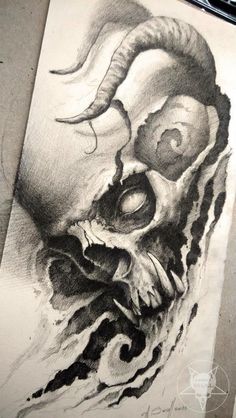 a pencil drawing of a creepy clown's face with horns and eyes on it