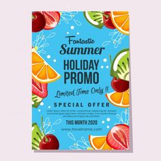 a flyer for an event with fruit and watermelon on the blue sky background