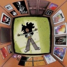 an image of a cartoon character on the television screen with many pictures around it and in the center