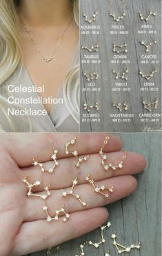 "*This listing is for one Zodiac constellation necklace only. Other necklaces shown layered in the model are available separately in my shop. Perfectly minimal and Dainty, this 14k gold filled necklace is made with a celestial constellation pendant, set with miniature cubic zirconia diamonds. Please select SIGN and LENGTH from the drop down menus. The length includes the pendant. The model is wearing an 18\" necklace. C O M P O N E N T S: Chain - 14k gold filled (including rings and clasp) Const Ušný Piercing, Simpul Dasi, Piercing Chart, Embossed Jewelry, Zodiac Constellation Necklace, Constellation Necklace, Personalized Bridesmaid Gifts, Bridesmaids Personalized, Layering Necklace