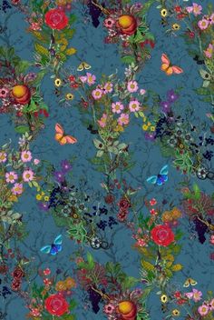 an image of a blue background with flowers and butterflies on the bottom right corner,