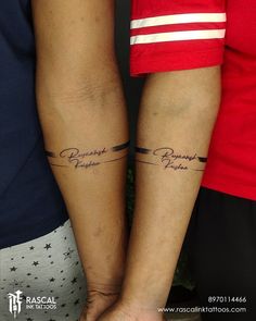 two people holding hands with tattoos on their arms and the words respect, triumph, peace