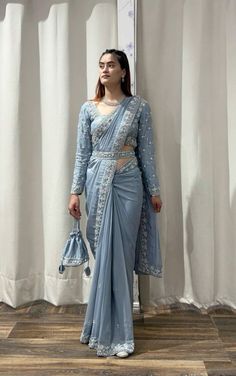 Belted Saree Outfit, Read To Wear Saree, Saree Styles With Belt, Saree Party Wear Weddings, Saree Plates Style, Desi Look Indian Fashion Saree, Modern Blouse Designs For Fancy Saree, Ready To Wear Saree With Belt, Stylish Sarees With Belt