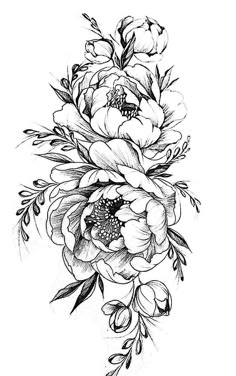 a black and white drawing of flowers with leaves on the bottom half of each flower