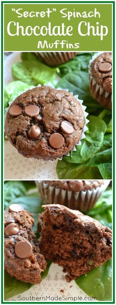 chocolate muffins are cut in half and stacked on top of each other with leaves surrounding them