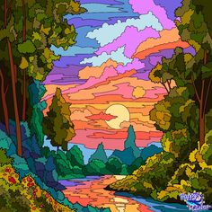 a painting of a river with trees and clouds in the background, as well as an orange sunset