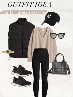 Classy Laid Back Style, Activewear Fall Outfits, Athleisure Capsule Wardrobe Winter, Athleisure Vest Outfits, Athletileisure Outfits Women, Puffer Vest Outfit Inspiration, Black Vest And Leggings Outfit, Neutral Outfit Ideas Casual Chic, Women’s Fall Athleisure