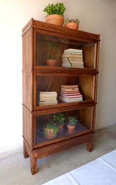 a wooden shelf filled with books and plants